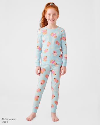 Girls Winter Capybara Snug Fit Cotton Pajamas - ARCHERY BLUE NEON