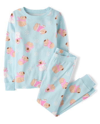 Girls Winter Capybara Snug Fit Cotton Pajamas - ARCHERY BLUE NEON