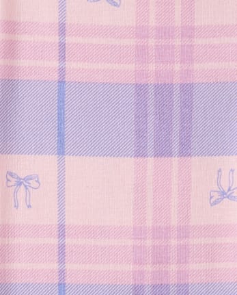 Girls Plaid Bow Snug Fit Cotton Henley Pajamas - ROSE MIST