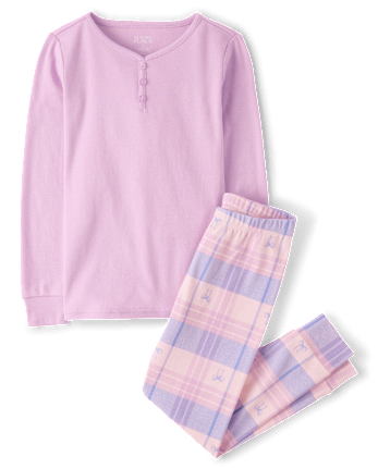 Girls Plaid Bow Snug Fit Cotton Henley Pajamas - ROSE MIST