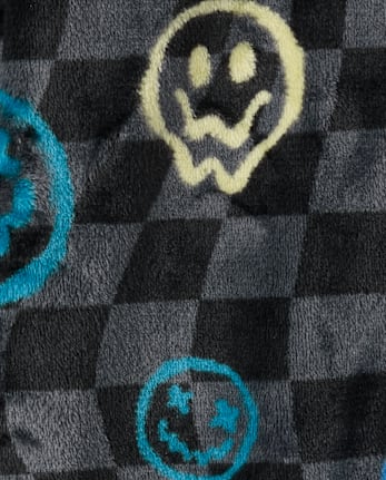 Boys Checkered Happy Face One Piece Pajamas - Cozy Fleece - BLACK