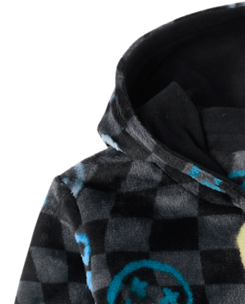 Boys Checkered Happy Face One Piece Pajamas - Cozy Fleece - BLACK