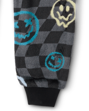 Boys Checkered Happy Face One Piece Pajamas - Cozy Fleece - BLACK