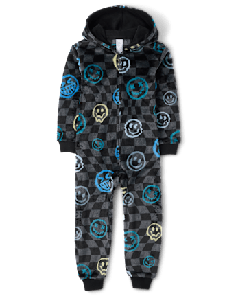 Boys Checkered Happy Face One Piece Pajamas - Cozy Fleece - BLACK