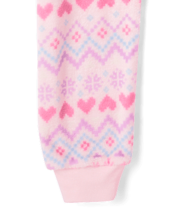 Girls Heart Fairisle One Piece Pajamas - Cozy Fleece - ROSE MIST