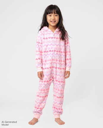 Pyjama une pièce pour fille à motif Fair Isle et cœurs - Polaire douce - ROSE MIST