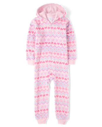 Girls Heart Fairisle One Piece Pajamas - Cozy Fleece - ROSE MIST