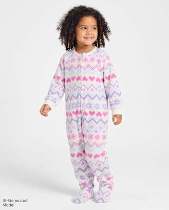 Baby And Toddler Girls Heart Fairisle Dream Fleece Footed One Piece Pajamas - SIMPLYWHT