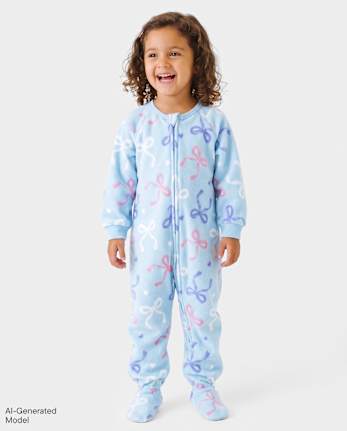 Pyjama une pièce en polaire à nœud papillon pour bébés et petites filles - ARCHERY BLUE NEON
