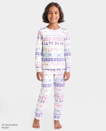 Girls Winter Fairisle Velour Pajamas - ARCHERY BLUE NEON