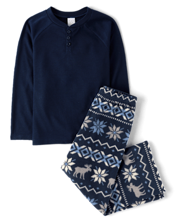 Boys Winter Fairisle Henley Pajamas - SAPPHIRE ICE CL