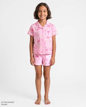 Girls Bow Button Front Pajamas - ROSE MIST