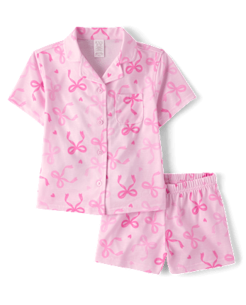 Girls Bow Button Front Pajamas - ROSE MIST