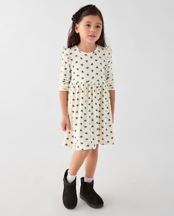 Baby And Toddler Girls Print Thermal Flutter Dress - FAIR IVORY
