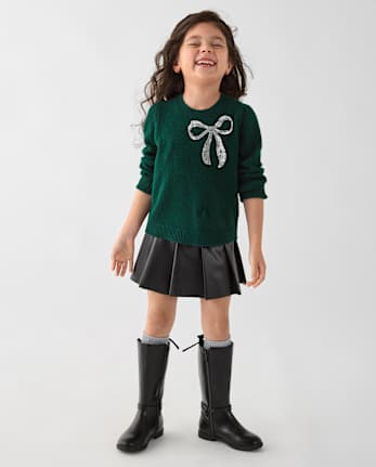 Toddler Girls Pleated Faux Leather Skirt - BLACK