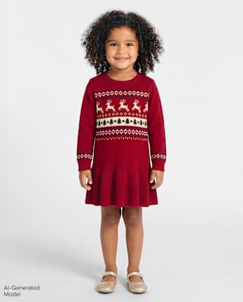 Toddler Girls Christmas Fairisle Peplum Sweater Dress - RED OCHRE