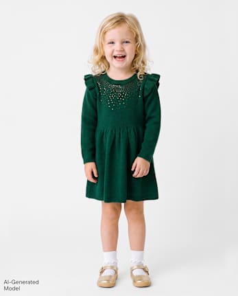 Baby And Toddler Girls Sequin Flutter Sweater Dress - BALT GREEN