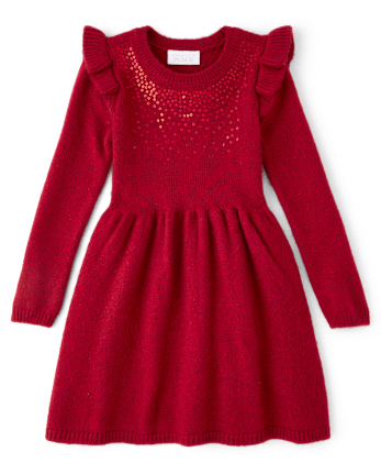 Baby And Toddler Girls Sequin Flutter Sweater Dress - RED OCHRE