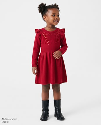 Baby And Toddler Girls Sequin Flutter Sweater Dress - RED OCHRE