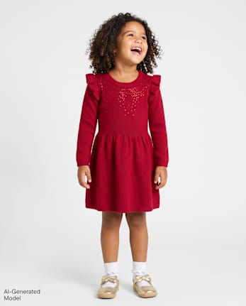Baby And Toddler Girls Sequin Flutter Sweater Dress - RED OCHRE