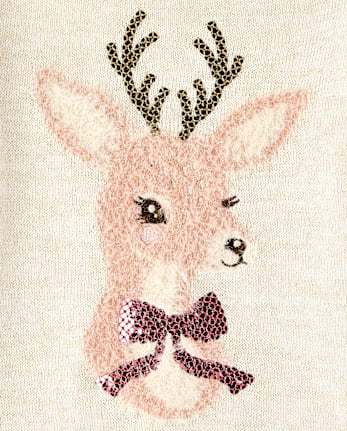 Baby And Toddler Girls Embellished Reindeer Sweater Dress - FAIR IVORY