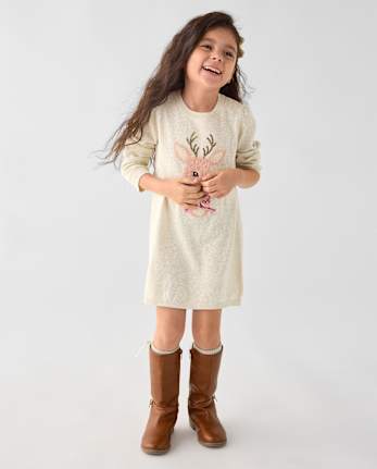 Robe pull ornée de rennes pour bébés et petites filles - FAIR IVORY