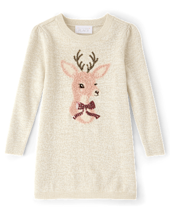 Baby And Toddler Girls Embellished Reindeer Sweater Dress - FAIR IVORY