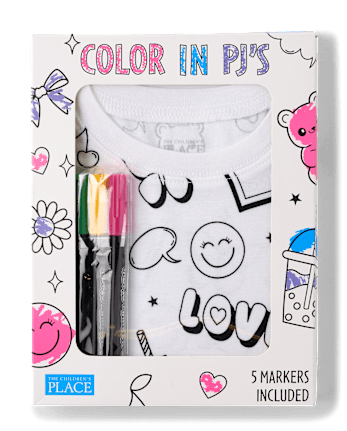 Girls DIY Coloring Doodle Snug Fit Cotton Pajamas - WHITE