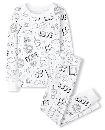 Girls DIY Coloring Doodle Snug Fit Cotton Pajamas - WHITE