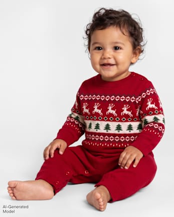 Baby Boys Christmas Fairisle Sweater Romper - RED OCHRE