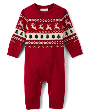 Baby Boys Christmas Fairisle Sweater Romper - RED OCHRE