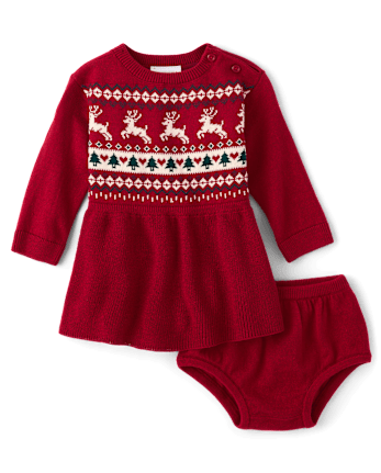 Baby Girls Christmas Fairisle Sweater Dress - RED OCHRE