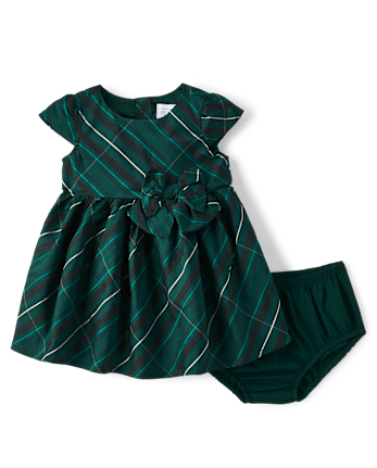 Baby Girls Plaid Bow Fit And Flare Dress - BALT GREEN