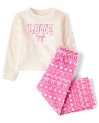 Girls Embroidered Bow Fairisle Dream Fleece Pajamas - PERFECTLY PINK