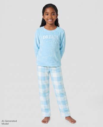 Pyjama en polaire brodé Dream Mode pour filles - ARCHERY BLUE NEON