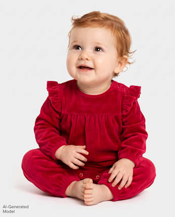 Baby Girls Velour Flutter Romper - RED OCHRE