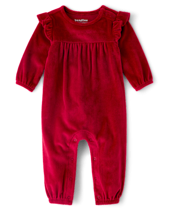 Baby Girls Velour Flutter Romper - RED OCHRE