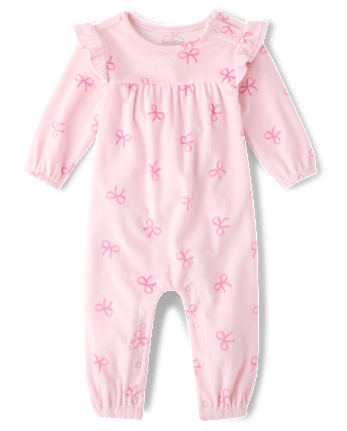Baby Girls Bow Velour Flutter Romper - ROSE MIST