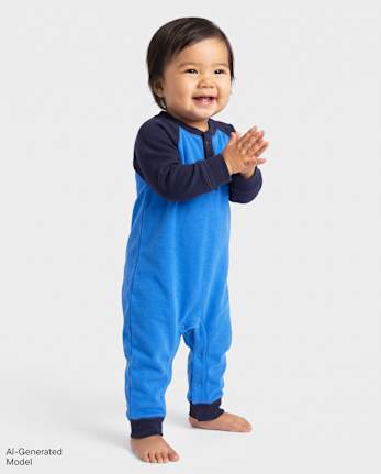Baby Boys Colorblock French Terry Henley Romper - GLASS BLUE CL