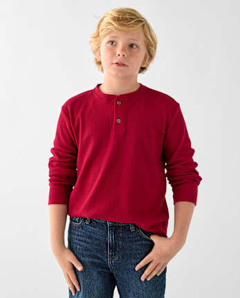Boys Thermal Henley Top - RED OCHRE
