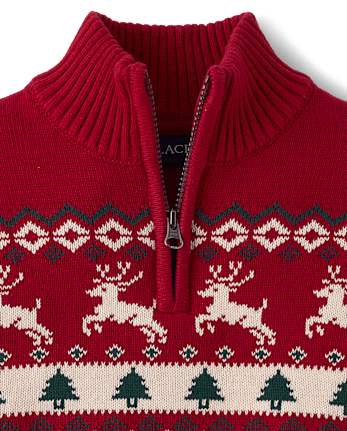 \Pull à col zippé Fair Isle pour garçon\ - RED OCHRE
