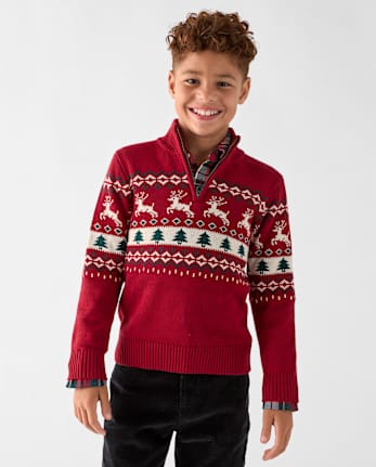 Pull à col zippé Fair Isle pour garçon - RED OCHRE