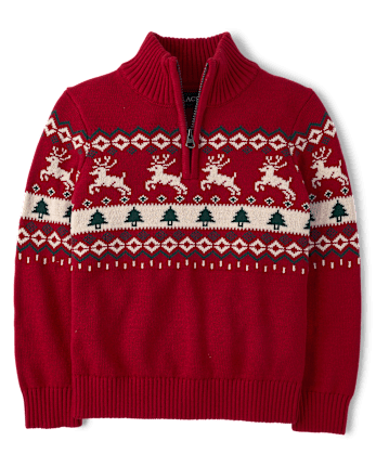 \Pull à col zippé Fair Isle pour garçon\ - RED OCHRE