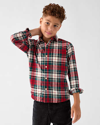 Boys Plaid Poplin Button Up Shirt - FAIR IVORY