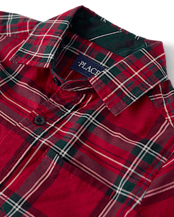 Boys Plaid Poplin Button Up Shirt - RED OCHRE