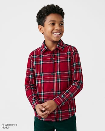 Boys Plaid Poplin Button Up Shirt - RED OCHRE