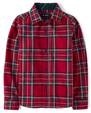 Boys Plaid Poplin Button Up Shirt - RED OCHRE