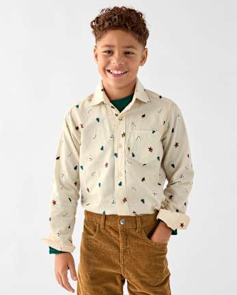 Boys Christmas Poplin Button Up Shirt - HAY STACK
