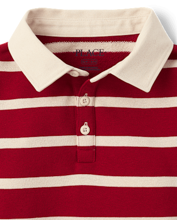 Boys Striped French Terry Rugby Polo - RED OCHRE