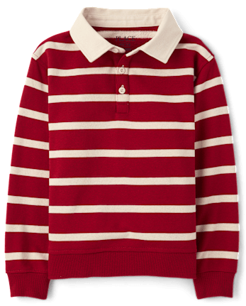 Boys Striped French Terry Rugby Polo - RED OCHRE